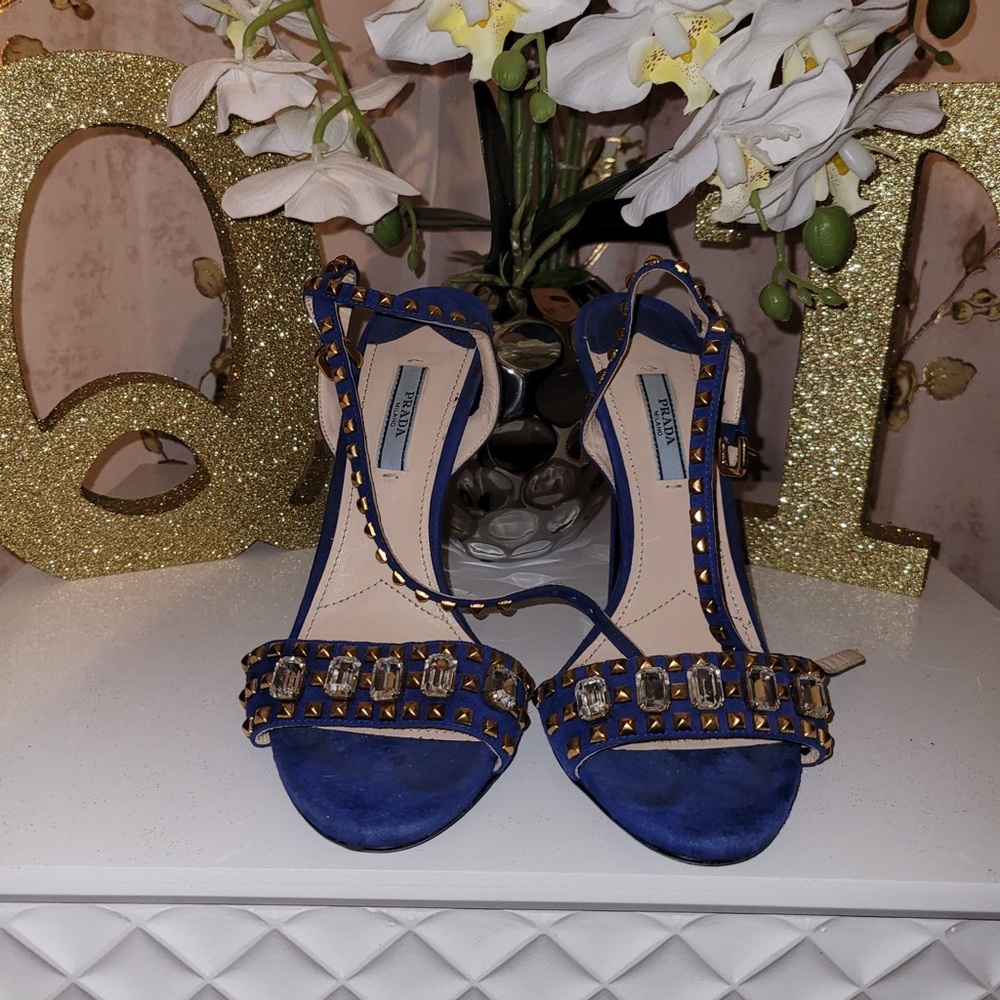 Prada Blue Heels with High Heel and Crystal Embellishments